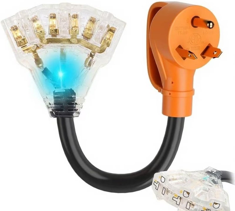NVKABVY 30 Amp to 110 Adapter RV Cord, 30 Amp to 20 Amp Adapter, NEMA TT-30P Male to 3X 5-15R/5-20R T-Blade Household Outlet Female with Lighted Power Indicator UL Listed (TT-30P to 3X5-15R/5-20R) - Image 1